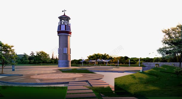 黄昏灯塔广场背景png免抠素材_新图网 https://ixintu.com 广场 建筑 绿化 黄昏