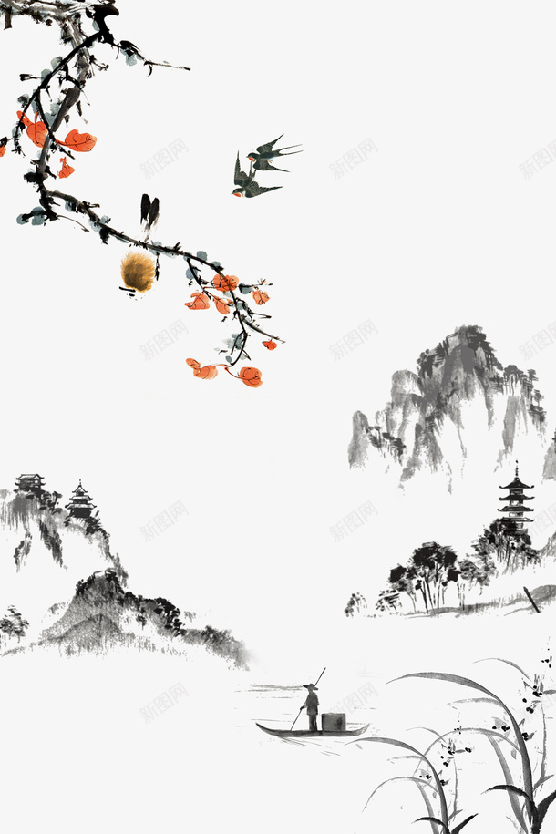 古风燕子树枝山水画psd免抠素材_新图网 https://ixintu.com 古风 山水画 山水画壁纸 树枝 燕子