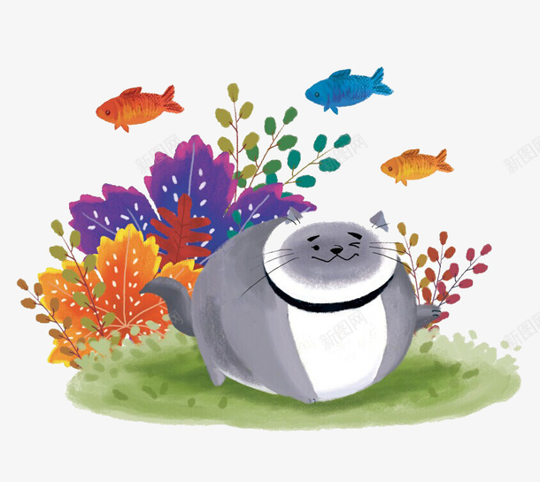 创意手绘肥猫和鱼psd免抠素材_新图网 https://ixintu.com 创意手工 创意设计 卡通设计 可爱玩偶