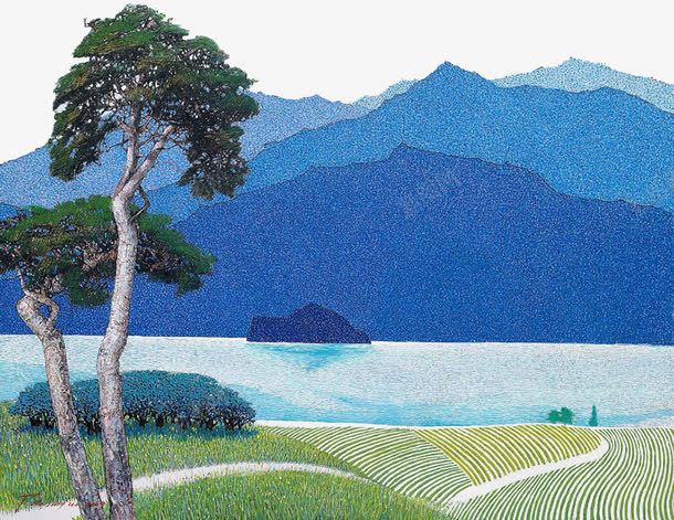蓝色手绘油画风景png免抠素材_新图网 https://ixintu.com 山 树 油画 蓝色 风景 风景素材