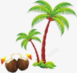 创意手绘海边椰子树椰子汁素材