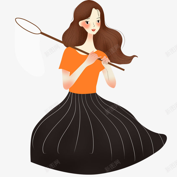 长发女孩捕蝶插画psd免抠素材_新图网 https://ixintu.com 三月 女孩 捕蝶 插画 清新 蝴蝶 裙子 长发女孩