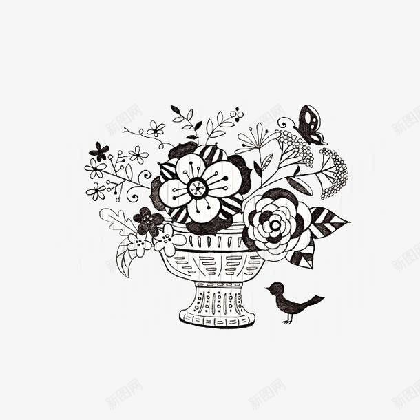 简笔花束png免抠素材_新图网 https://ixintu.com 卡通 复古 手绘 简笔 线条 花朵 花瓶 黑色