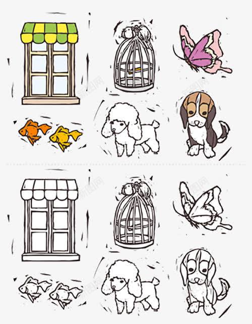 手绘小动物png免抠素材_新图网 https://ixintu.com 小窗户 小鱼 笼子 绘画 蝴蝶