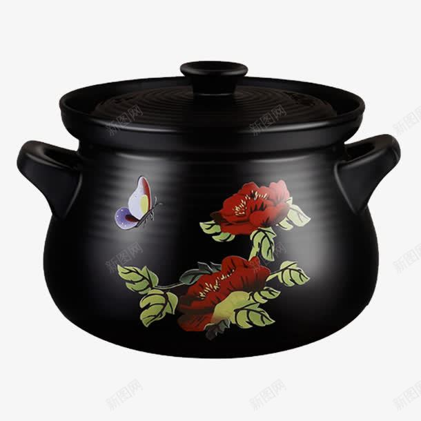 蝴蝶戏花花纹中药罐png免抠素材_新图网 https://ixintu.com 中药罐 传统 养生 单手柄 煎药壶砂锅 煮草药 耐热 蝴蝶戏花花纹 陶土作品 陶土材质