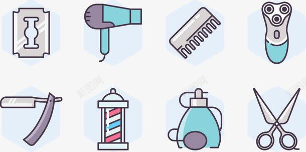 理发店用品png免抠素材_新图网 https://ixintu.com 刮胡刀 剃须刀 剪刀 吹风机 梳子 理发店