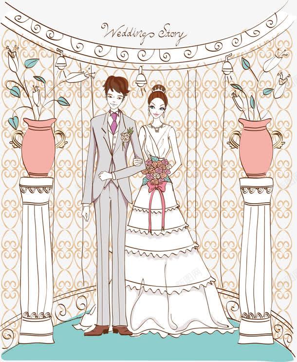 婚姻殿堂png免抠素材_新图网 https://ixintu.com 挽着手臂 新娘 新郎 柱子 花瓶