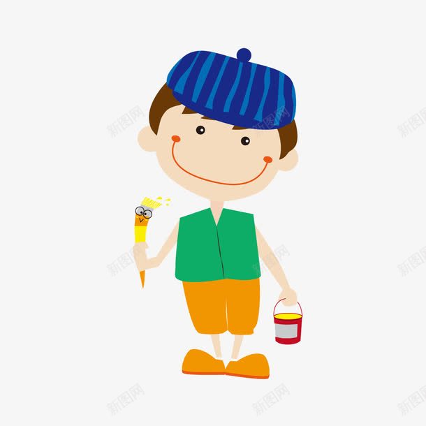 卡通画笔男孩png免抠素材_新图网 https://ixintu.com 卡通 彩色 男孩 画家帽 画笔
