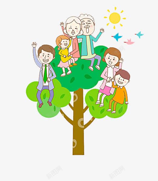 坐在树上的一家人png免抠素材_新图网 https://ixintu.com 一家人 卡通手绘 合照 太阳 奶奶和孙子 装饰