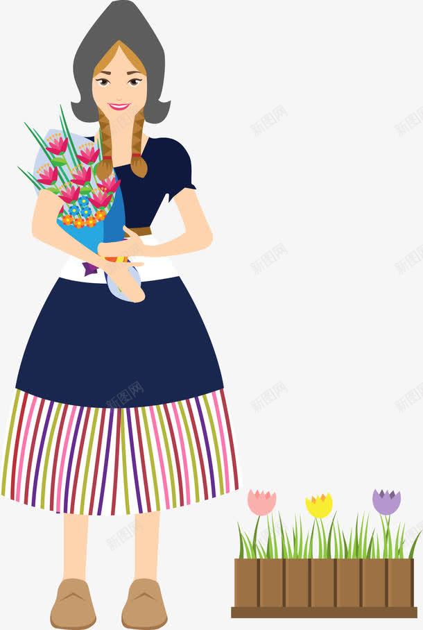 捧花的女子png免抠素材_新图网 https://ixintu.com 卡通女孩 蓝色 鲜花