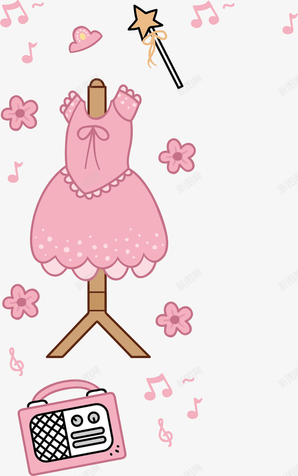 粉色小裙子矢量图ai免抠素材_新图网 https://ixintu.com 帽子 手绘 粉色小裙子 花朵 花边 魔法棒 矢量图