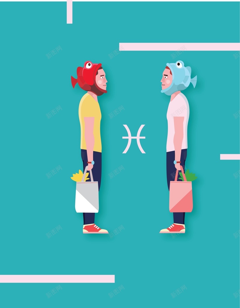 双鱼座的两个人背景矢量图ai高清背景_新图网 https://ixintu.com AI 卡通 双鱼座 手提包 海报 男人 矢量素材 背景 舒心 蓝色 高清背景设计图 矢量图