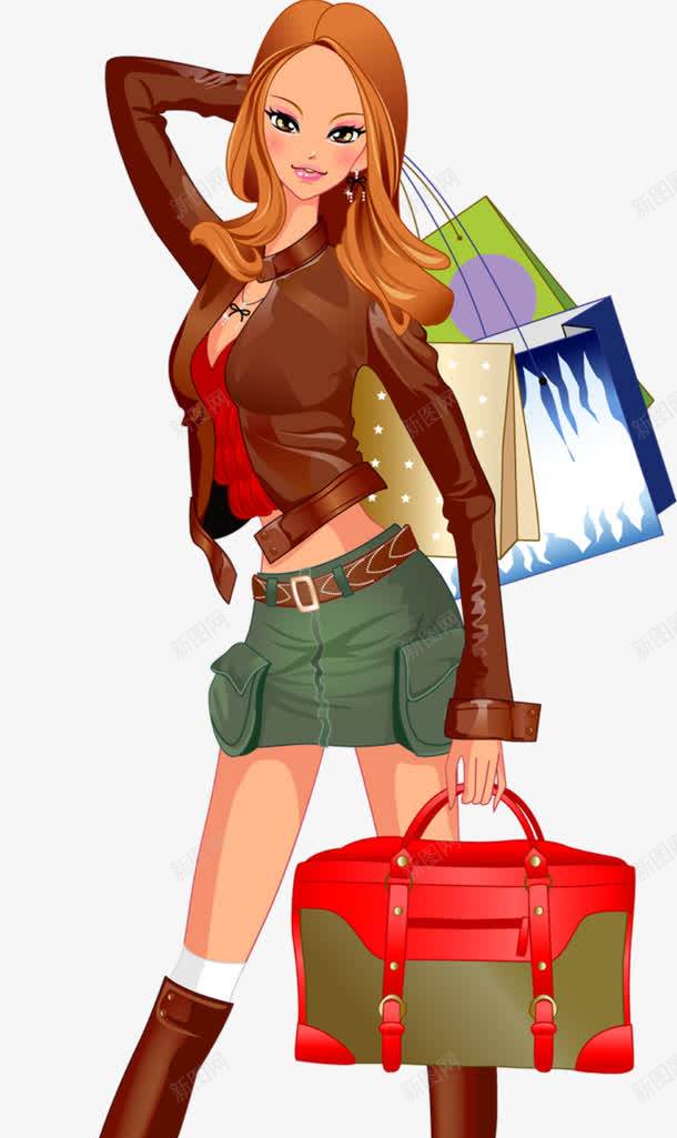 购物女郎png免抠素材_新图网 https://ixintu.com 棕色 红色 购物袋 长卷发