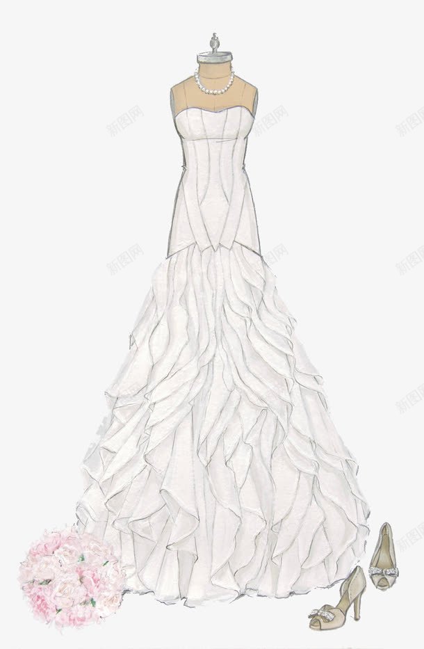唯美礼服婚纱插画png免抠素材_新图网 https://ixintu.com 手绘婚纱设计 手绘礼服设计 时装设计插画