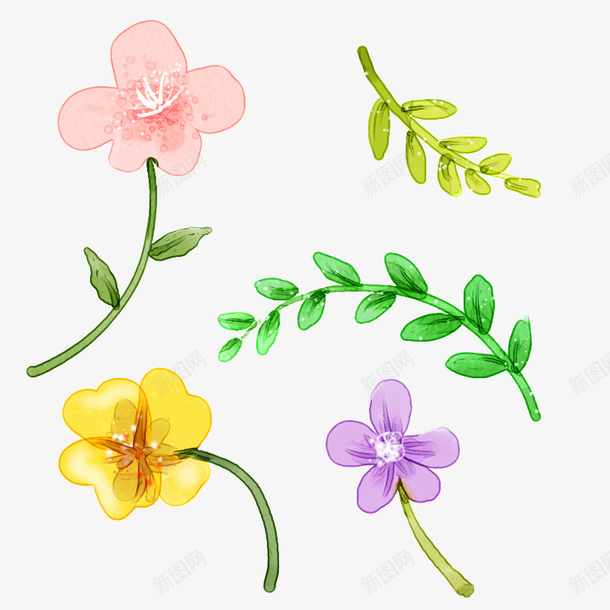 花花绿叶png免抠素材_新图网 https://ixintu.com 元素 粉色花朵 紫色花朵 绿色叶子 黄色叶子 黄色花朵