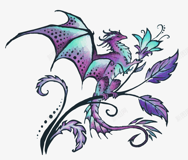 花和龙矢量图eps免抠素材_新图网 https://ixintu.com 奇幻 手绘 水彩 紫色 花朵 西方龙 魔幻 龙 矢量图