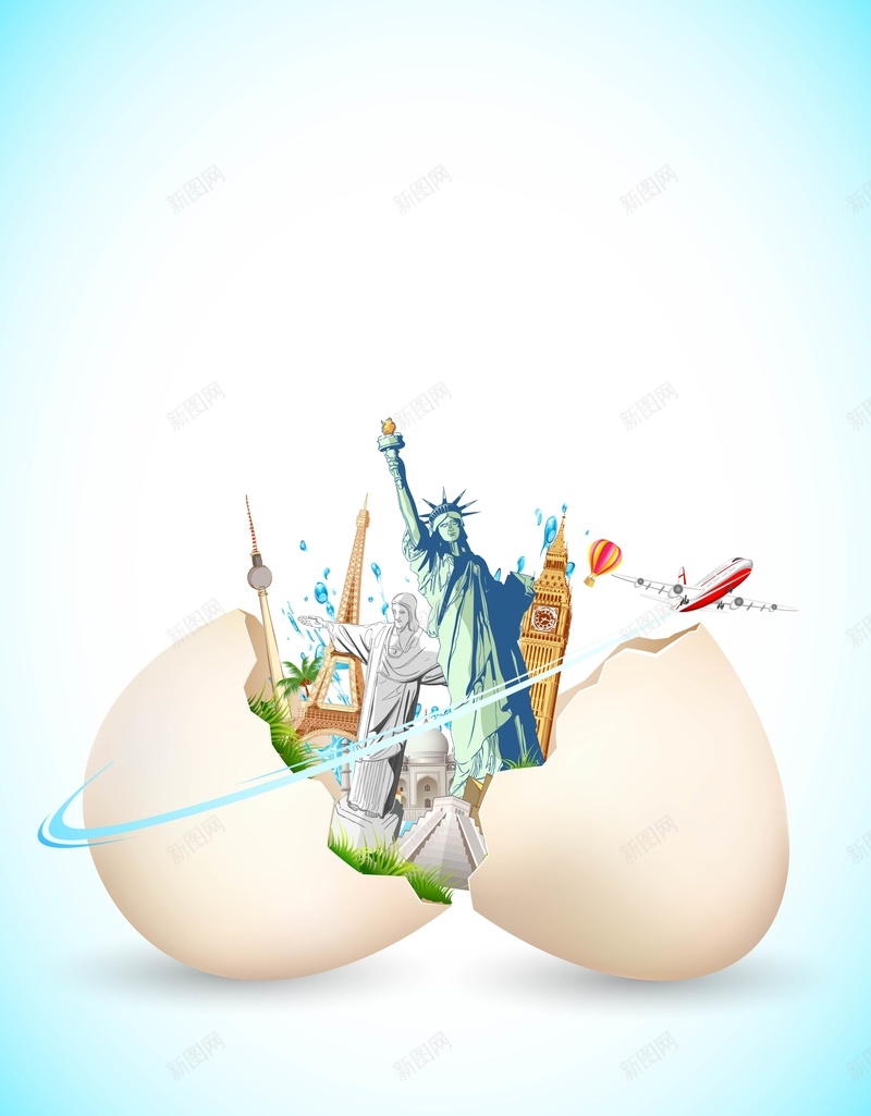 矢量手绘旅行旅游创意背景ai设计背景_新图网 https://ixintu.com 创意 巴黎铁塔 手绘 旅游 旅行 欧美游 海报 矢量 破壳 背景 自由女神像 飞机 鸡蛋 矢量图