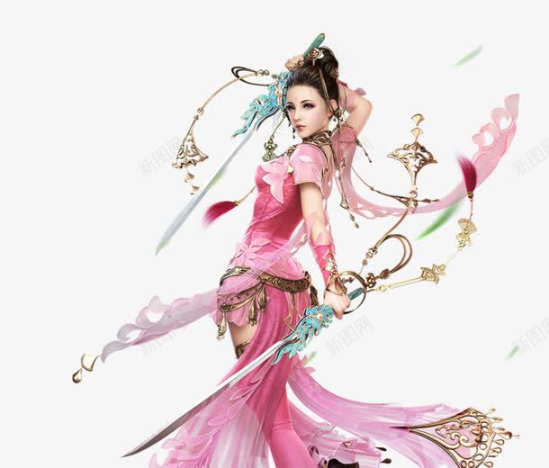 执双剑的粉衣舞女古风手绘png免抠素材_新图网 https://ixintu.com 双剑 古风 手绘 舞女