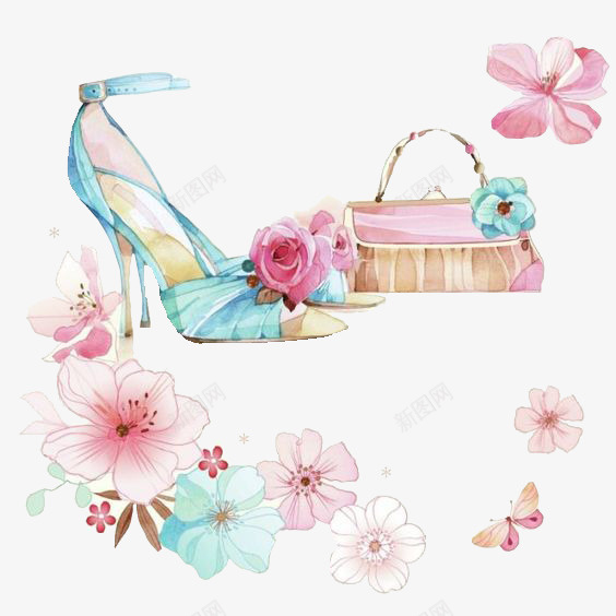 高跟鞋与花psd免抠素材_新图网 https://ixintu.com 包 花朵 蝴蝶 高跟鞋