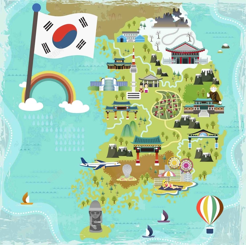 手绘矢量旅游韩国景点地图韩国国旗海报背景ai设计背景_新图网 https://ixintu.com 地图 手绘 旅游 旅游韩国 景点 景福宫 江原道 海报 矢量 背景 韩国 韩国地图 韩国海报 矢量图