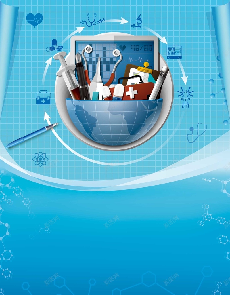 卡通科技药店看病psd设计背景_新图网 https://ixintu.com 医治 医生 医疗 卡通 扁平 打针吃药 海报 灰色 看病 科技 药店 蓝色