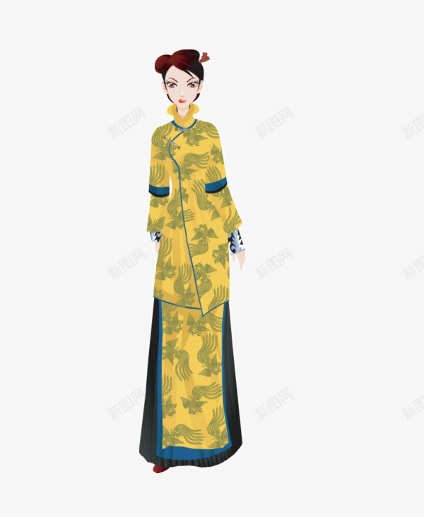黄色复古衣服png免抠素材_新图网 https://ixintu.com 一位 卡通 复古 女子 手绘 旗袍 简图 花纹 黄色 黄袍