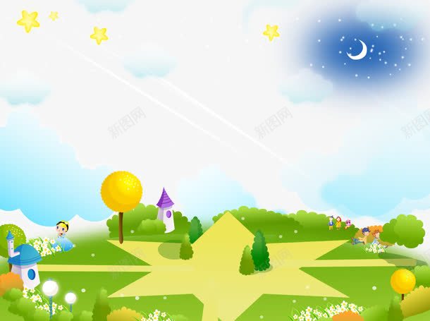 梦幻草地psd免抠素材_新图网 https://ixintu.com 五角星 卡通草地 地坪 城堡 绿色海报底纹 绿草