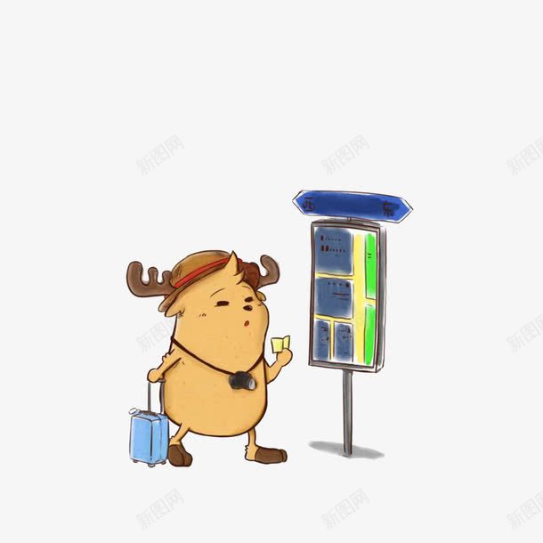 拉着行李箱在公交站找公交png免抠素材_新图网 https://ixintu.com 公交牌 卡通手绘 拉着行李箱在公交站找公交 拉行李箱的人