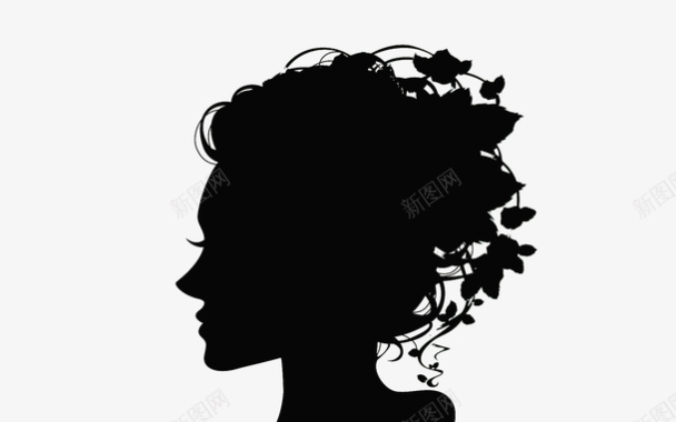 戴花朵装饰的女孩黑色剪影图标图标
