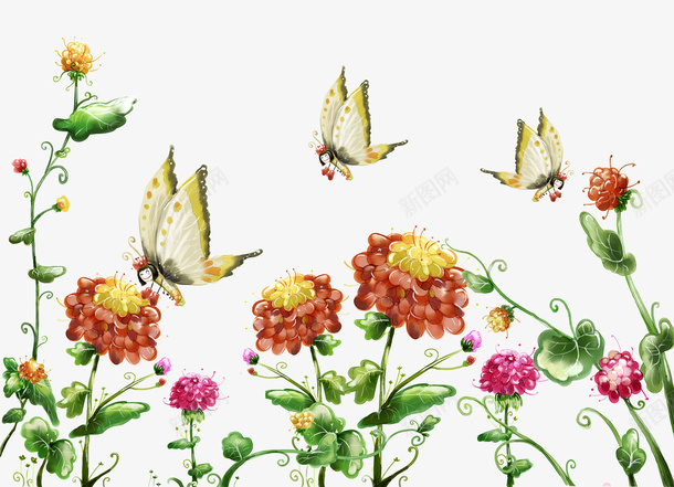 手绘花蝴蝶图案背景png免抠素材_新图网 https://ixintu.com 手绘花 背景素材 艺术花纹 艺术花背景 蝴蝶图案背景