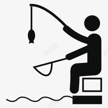 河边钓鱼网兜鱼人物坐着图标图标