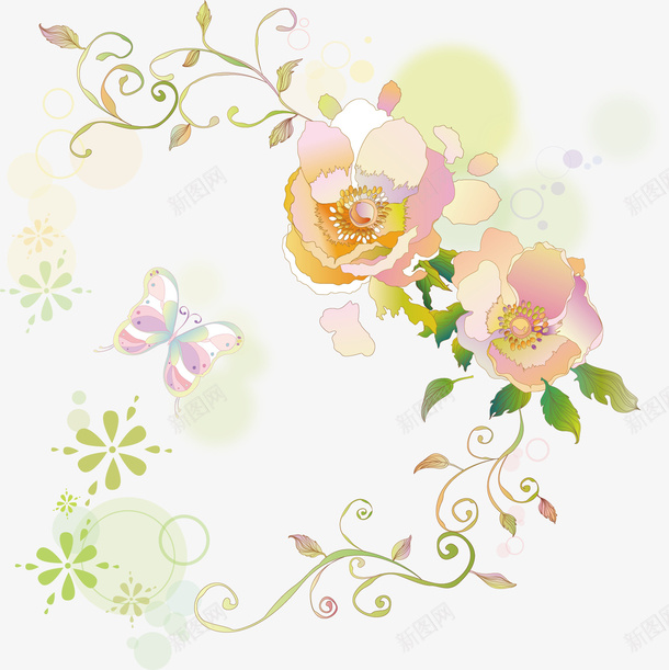 潮流手绘花植物矢量图ai免抠素材_新图网 https://ixintu.com 时尚 花朵 蝴蝶 矢量图