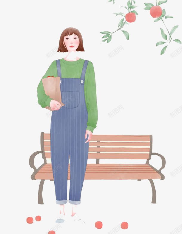 卡通女孩png免抠素材_新图网 https://ixintu.com 卡通 女孩 手绘 水彩 短发 绿叶 背带裤 装饰 长椅
