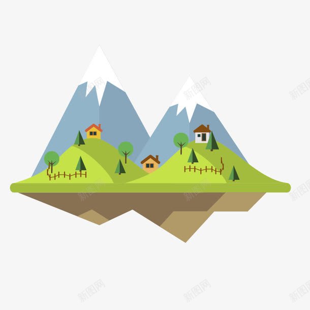 山丘png免抠素材_新图网 https://ixintu.com 卡通山丘 小树 山 建筑 树