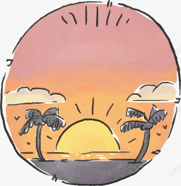 创意卡通海边落日装饰图案png免抠素材_新图网 https://ixintu.com 创意水彩卡通插画 卡通插画 插画设计 水彩海边落日插画 海边落日 海边落日插画 落日