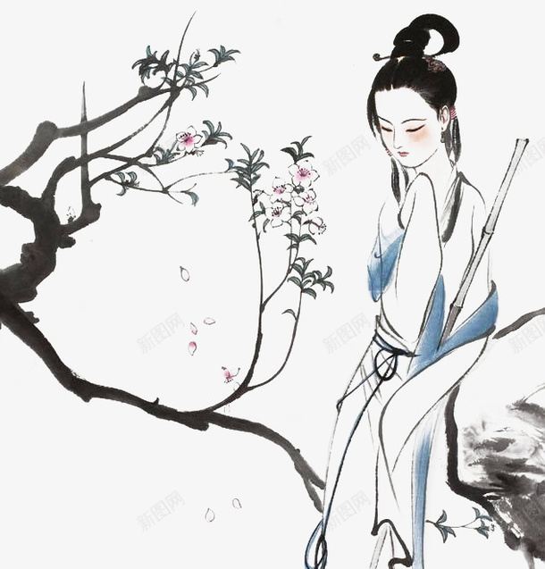 林黛玉葬花清新插画png免抠素材_新图网 https://ixintu.com 插画 林黛玉 桃树 桃花 清新 素雅 红楼梦 葬花 黛玉葬花