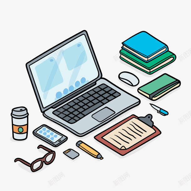 手绘办公用品png免抠素材_新图网 https://ixintu.com 办公用品 本 电脑 笔 装饰图 装饰画