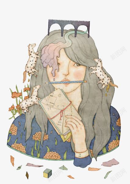 卡通咬着笔的女孩png免抠素材_新图网 https://ixintu.com 写信 咬着 小马 铅笔