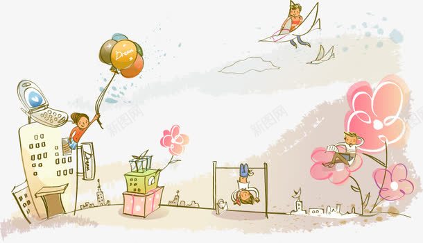 小清新插画png免抠素材_新图网 https://ixintu.com 城堡里的男人 城市 小清新插画 手绘插画 插画 矢量城堡 矢量花朵 矢量飞人 野花 飞人