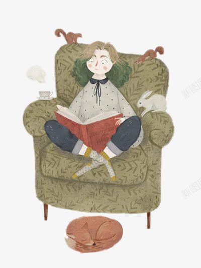 卡通插画png免抠素材_新图网 https://ixintu.com 卡通女孩 卡通插画 坐在沙发上 看书