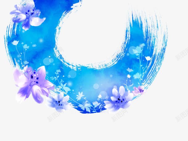 水墨蓝色C型装饰背景png免抠素材_新图网 https://ixintu.com 小清新 手绘 水墨 花朵 蓝色
