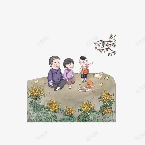 卡通席地而坐赏菊登高重阳插画素psd免抠素材_新图网 https://ixintu.com 中国风 卡通席地而坐赏菊登高重阳插画素材免费下载 席地而坐 手绘插画 赏菊 重阳节