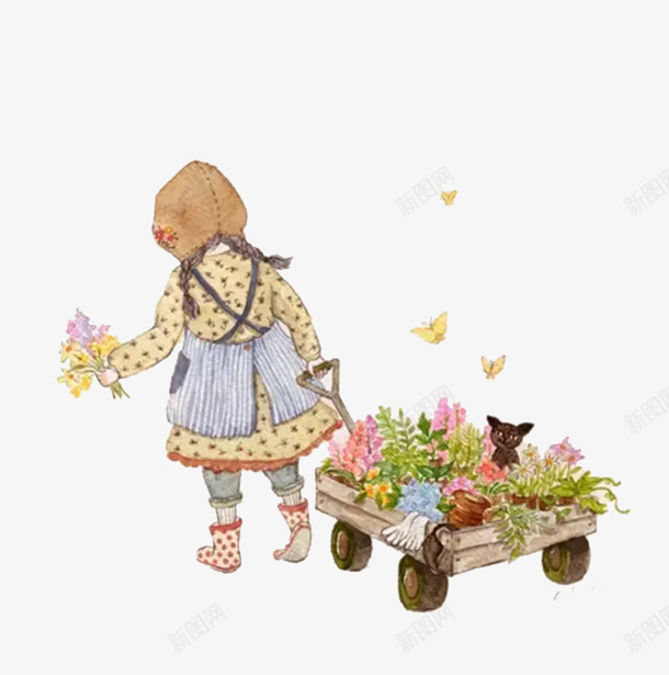 买花朵的小女孩psd免抠素材_新图网 https://ixintu.com 女孩 手绘 花朵