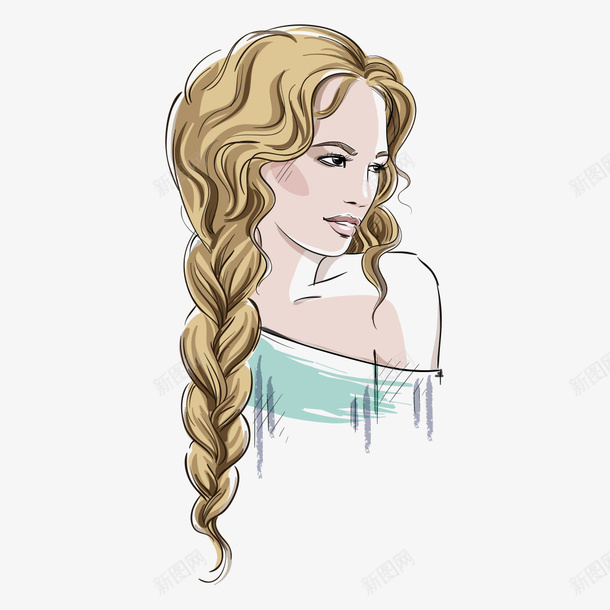 辫子美女矢量图eps免抠素材_新图网 https://ixintu.com 人物 人物插画 卡通人物 美女 辫子 长辫子 矢量图