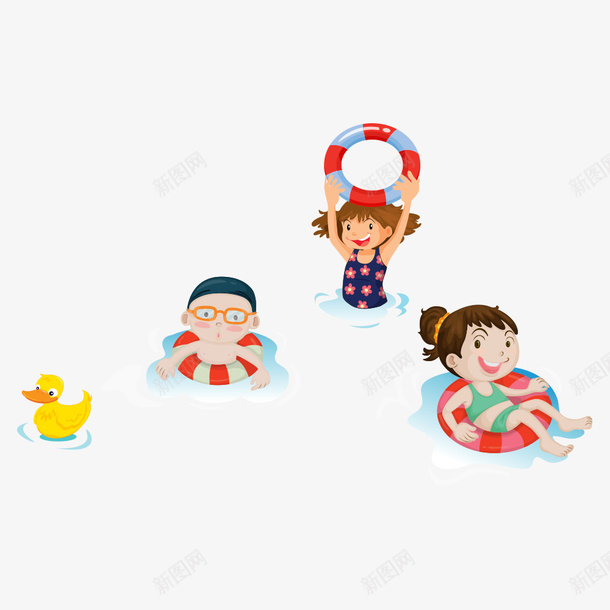 卡通小女孩png免抠素材_新图网 https://ixintu.com 人物 人物插画 卡通人物 女孩 插画 游泳 玩耍 男孩