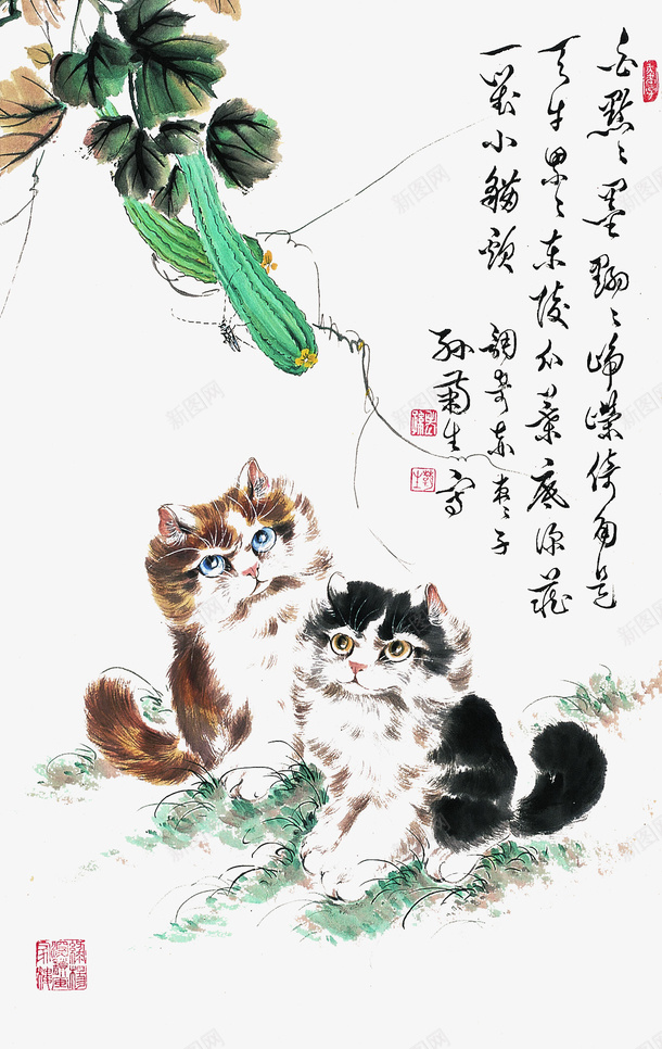 中国画瓜藤下的猫png免抠素材_新图网 https://ixintu.com 丝瓜 丝瓜藤 中国画瓜藤下的猫 手绘丝瓜瓜藤 手绘瓜藤 瓜藤