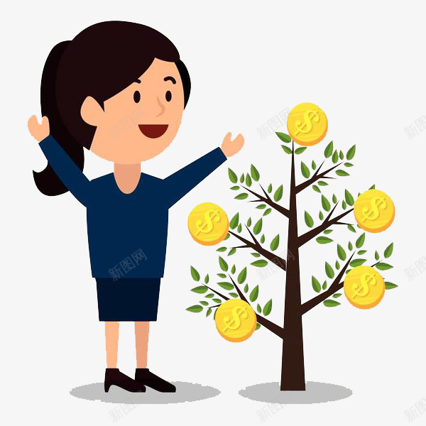 女孩对着发财树欢呼png免抠素材_新图网 https://ixintu.com 上班族 商务女孩 小树 打工女孩 树木 金币 金钱