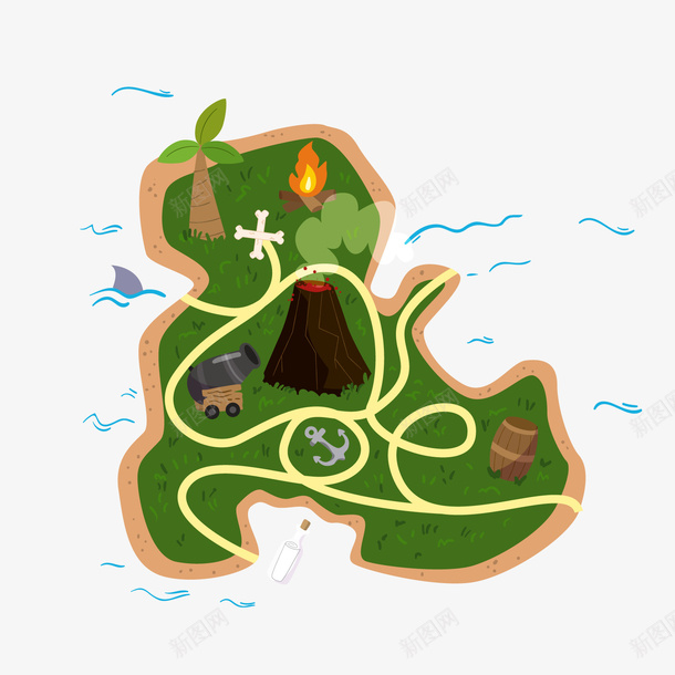 绿色卡通藏宝图png免抠素材_新图网 https://ixintu.com 创意藏宝图 卡通藏宝图 绿色植物 绿色藏宝图 背景装饰 藏宝路线图