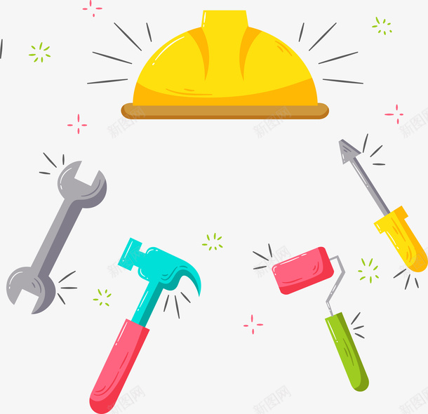 劳动节卡通装饰图案png免抠素材_新图网 https://ixintu.com 劳动工具 劳动工具展 劳动节 卡通 头盔 扳手 矢量图案