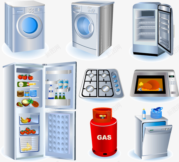 家用电器矢量图ai免抠素材_新图网 https://ixintu.com 冰箱 家用 洗衣机 电器 电烤箱 矢量图